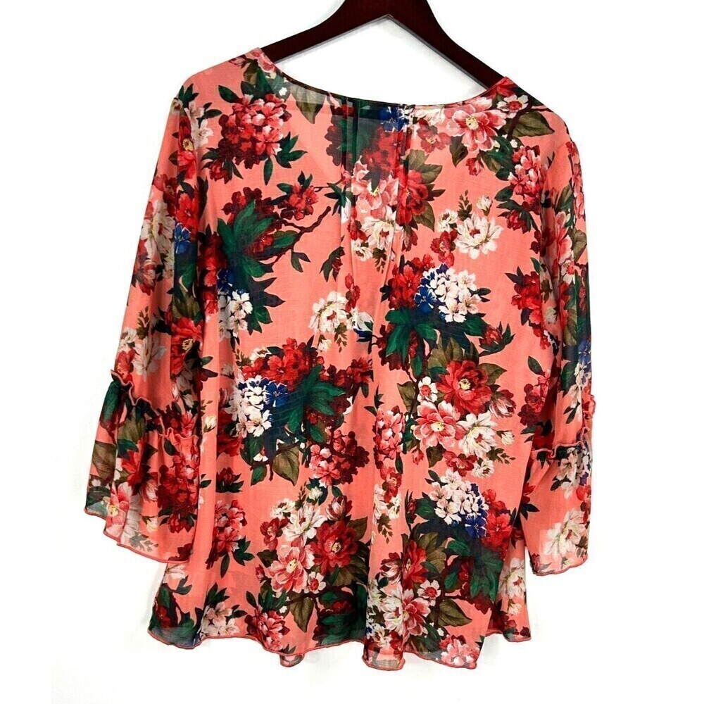 New Vintage America Blues Women Sz 1X Pink Blouse Floral Smocked Chiffon Top N1 - Picture 4 of 12